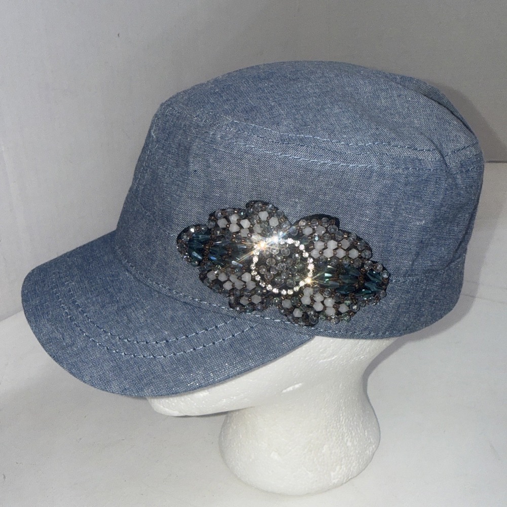 Vtg Y2K Style Newsboy Baker Boy Trucker Brooch Beaded Cap Blue Denim Hat